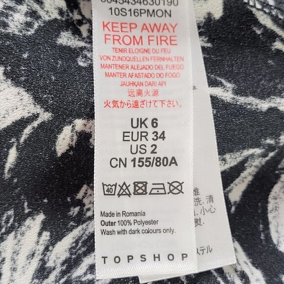 TopShop Ruched Mini Dress Sz 2 Black White Back Zip 3/4 Sleeve Monochrome DaisyX - Picture 7 of 12